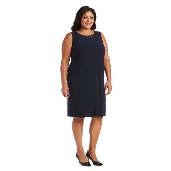 R&M Richards Womens Embellished Neckline Sheer Jacket Dress Navy Size 20W NWT - Picture 3 of 5